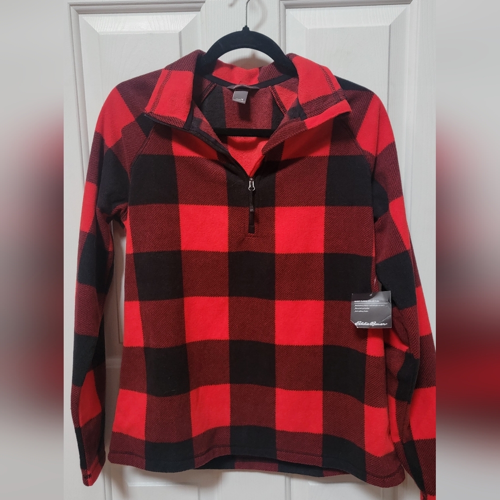 Eddie Bauer Red and Black Plaid Women's 1/4 Zip Sweater Size Medium NWT